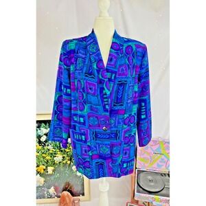 Vintage Kensington Square Blazer 1X Colorful Blue Purple 80s Disco Retro Artsy